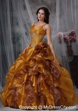 Ball Gown Spaghetti Straps Organza Beading Sweet 15 Dress